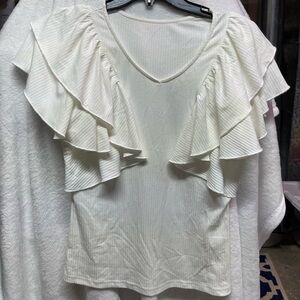 White butterfly-sleeve tee.